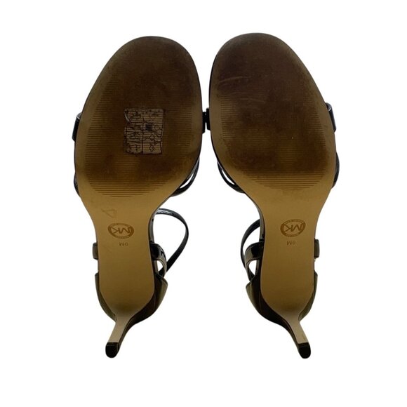 Michael Kors Black Patent Leather Mk Gold Detail Strappy Heeled Sandals Size 9M - Picture 8 of 9
